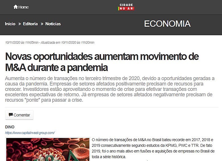 Novas oportunidades aumentam movimento de M&A durante a pandemia